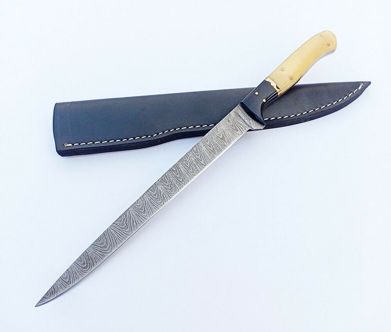 Custom Handmade Damascus Steel Fishing Fillet Knife – 13” with Bone and Buffalo Horn Handle, Sharp Edge Blade, and Leather Sheath