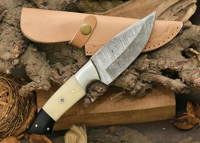 Custom Handmade Damascus Steel Hunting Knife – 10-Inch Blade with Steel Bolster, Camel Bone & Buffalo Horn Handle, Includes Leather Sheath