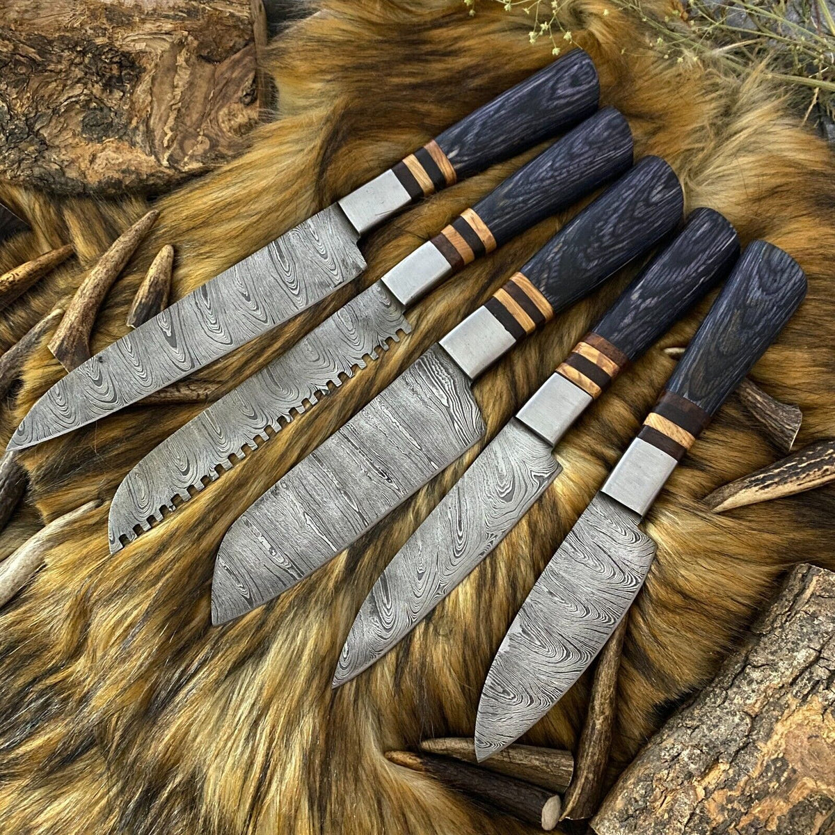 Premium handmade Damascus steel kitchen knives set with 3 to 8-inch blades, pakkawood handles, and steel bolsters by Knives Gear Garage.