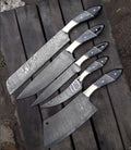 Custom handmade Damascus steel kitchen knives set with pakkawood and buffalo horn handles, leather sheath, and steel bolster.