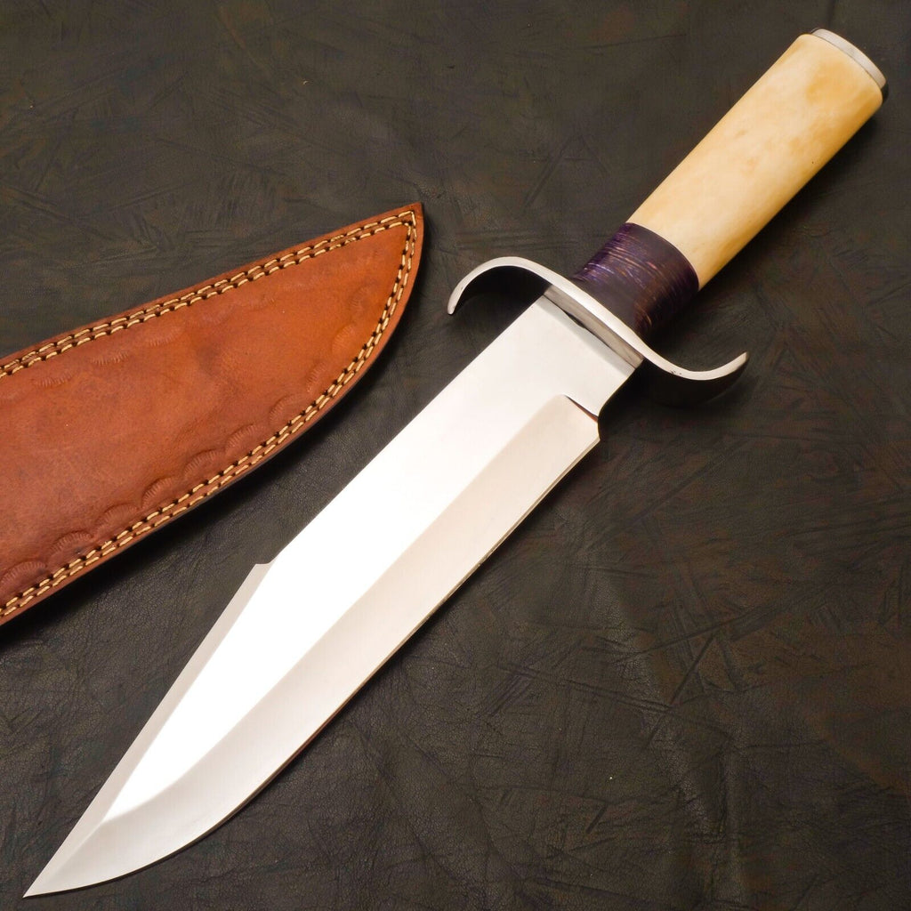 Custom Handmade J2 Steel Bowie Knife with Steel Guard, Camel Bone & Pakkawood Handle – 16" Overall Length, Includes Leather Sheath
