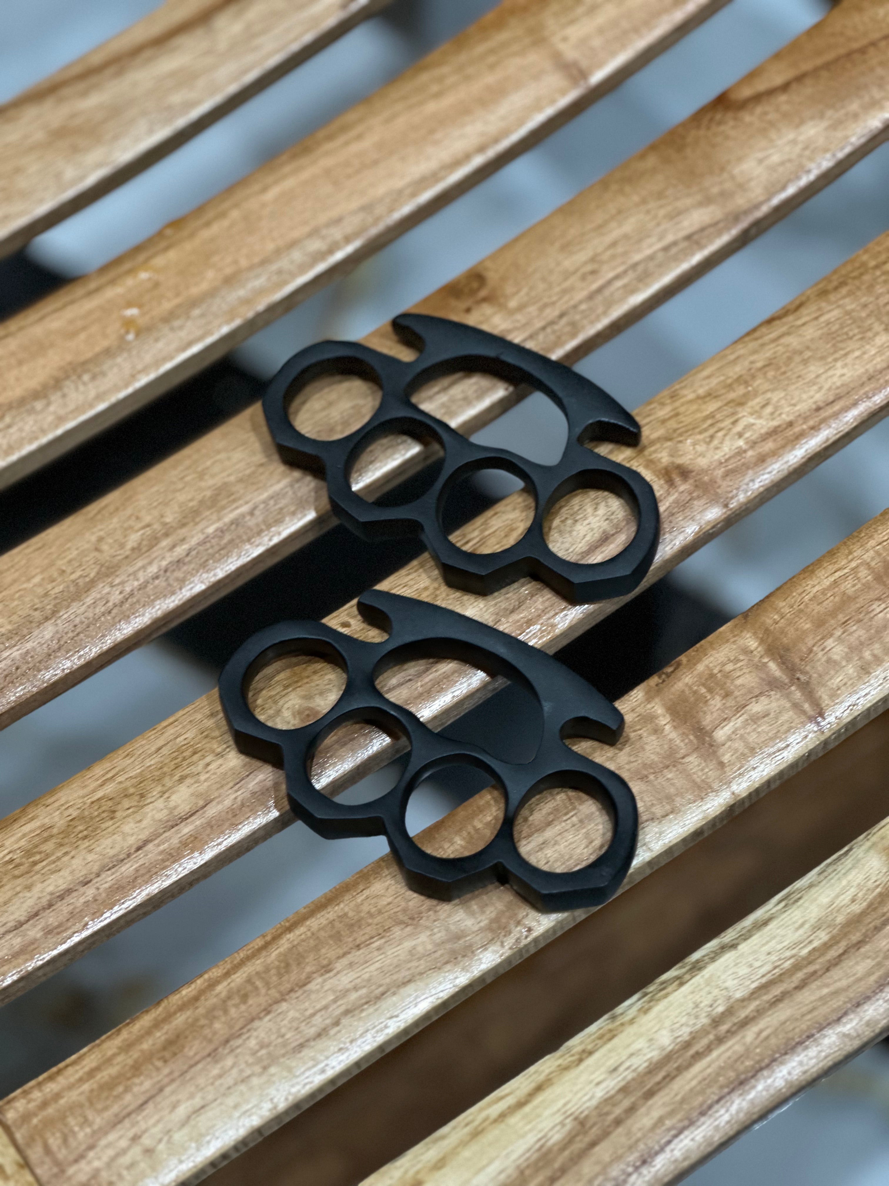 Custom Handmade Black Steel Knuckle Duster with Belt Loop Leather Case - Solid Brass Construction