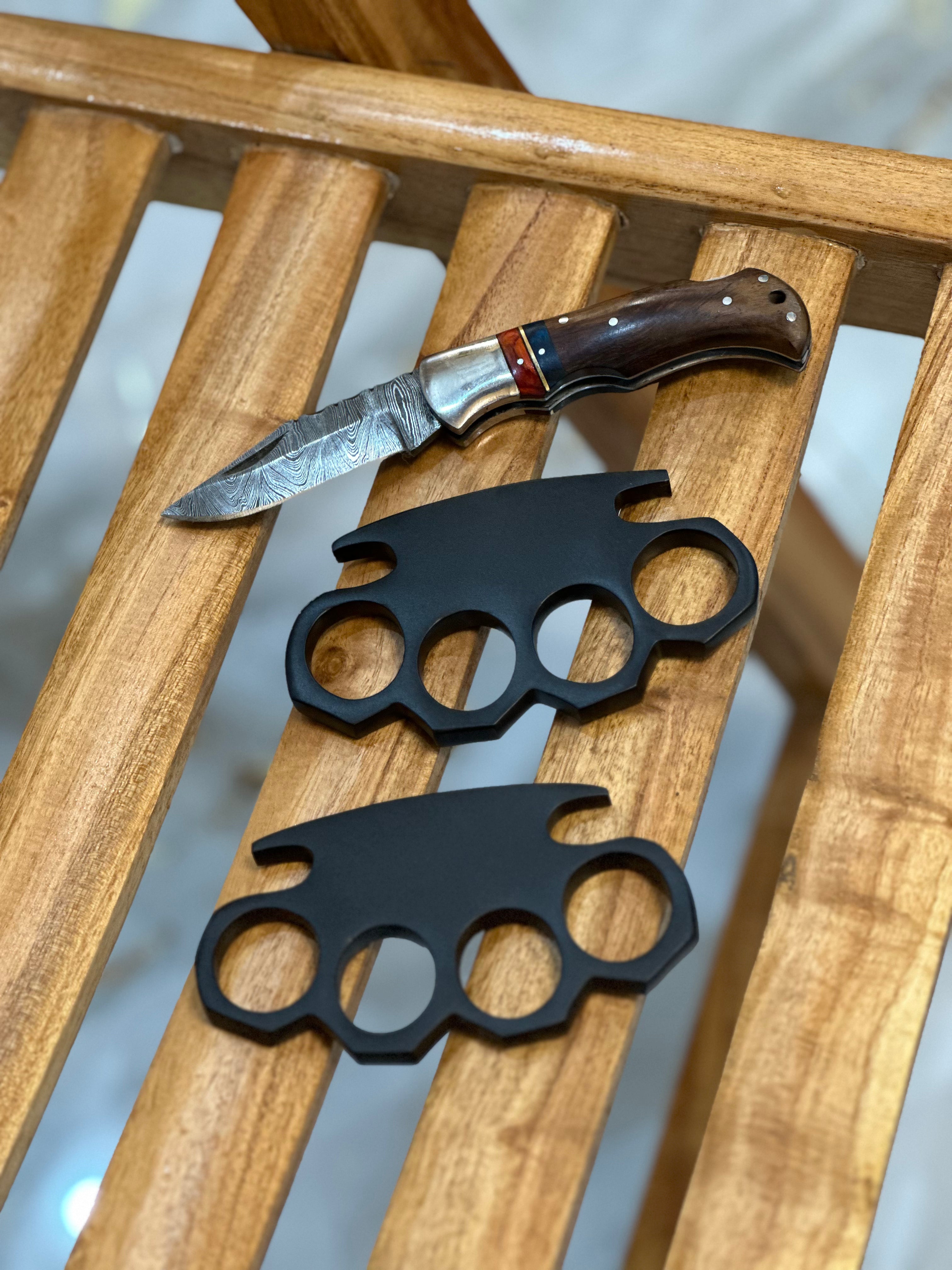 Custom Handmade Black Steel Knuckle with Pocket Knife and Belt Loop Leather Case - Solid Brass Self-Defense Duster for Everyday Carry