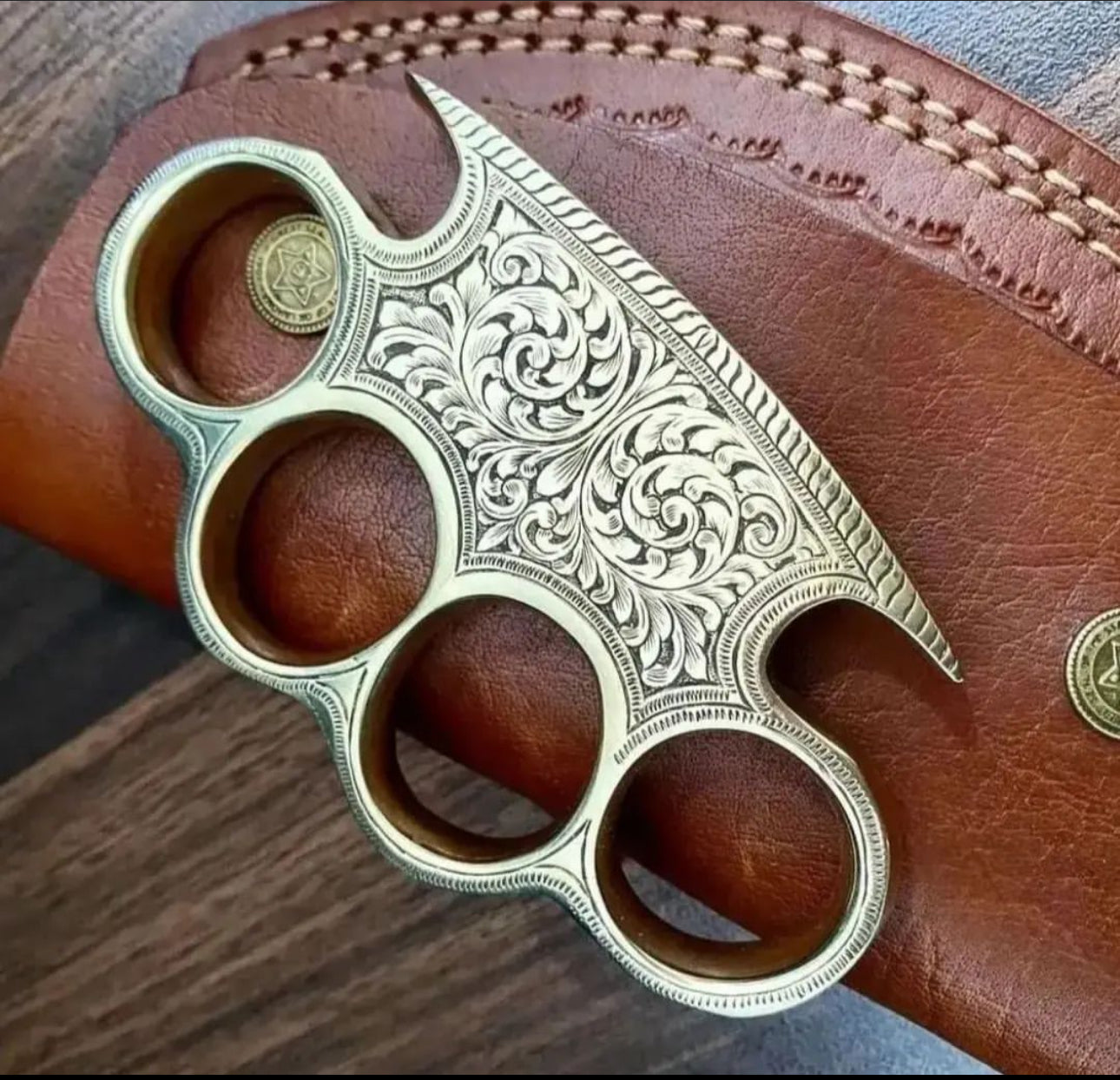 Custom Handmade Brass Engraved Knuckle with Leather Belt Loop Case - Solid Brass for Everyday Carry & Self-Defense