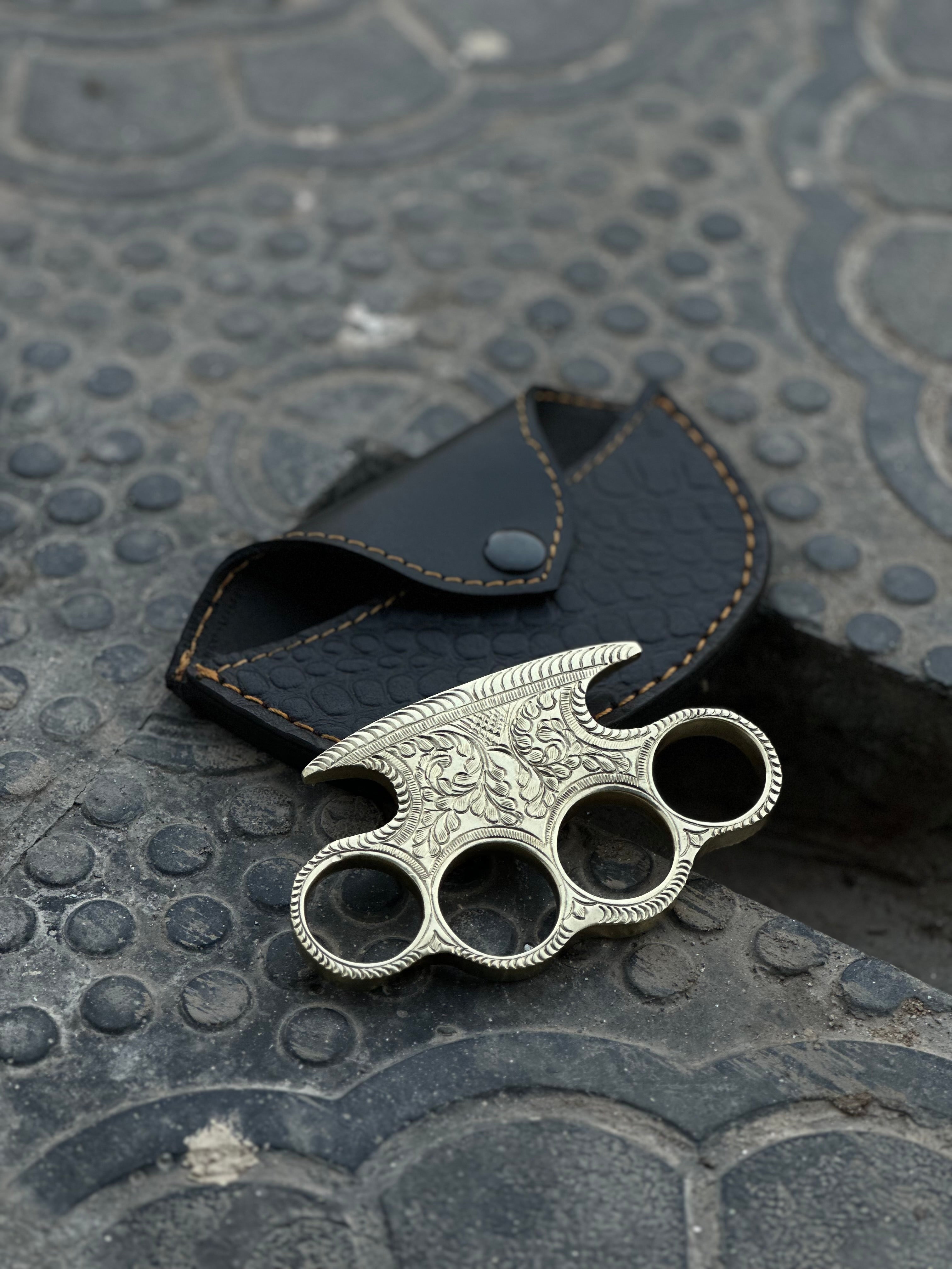 Custom Handmade Engraved Brass Knuckles with Premium Leather Carry Case – Solid Brass EDC Art Piece