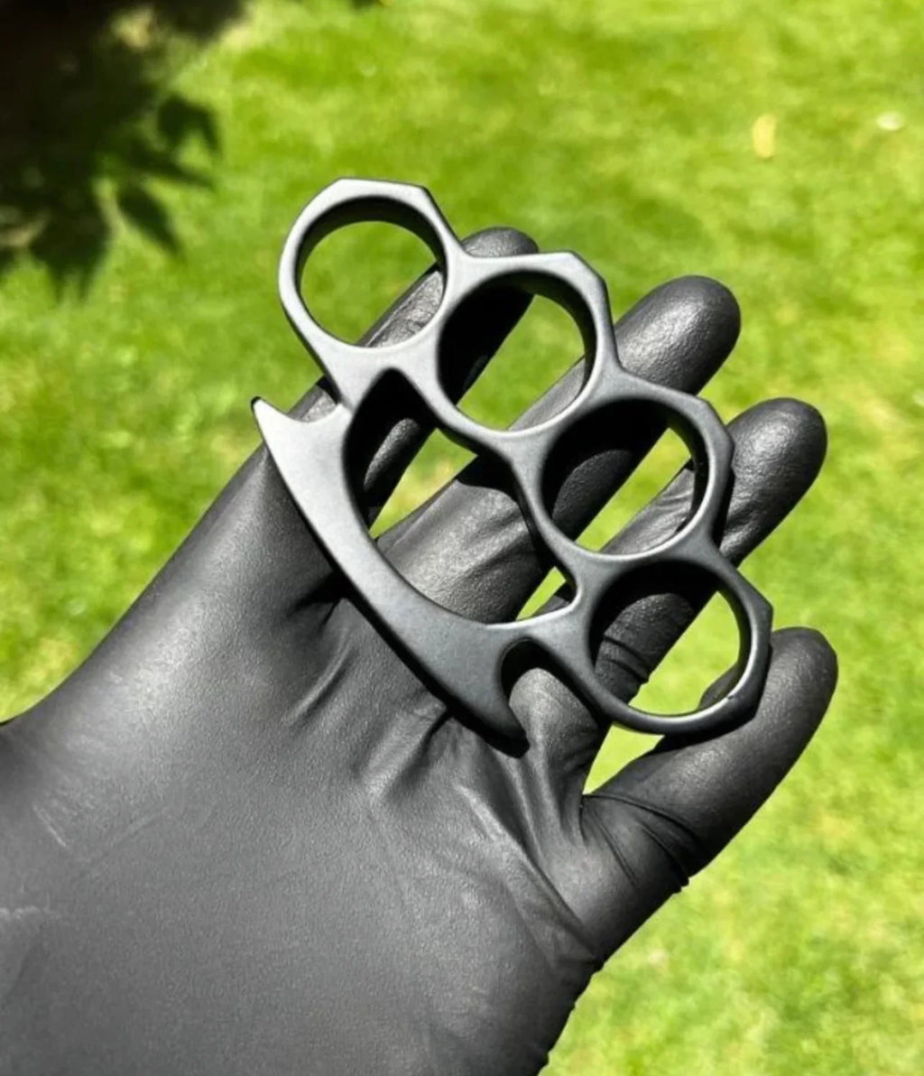 Custom Hand-Casted Black Brass Knuckle Duster with Leather Belt Case