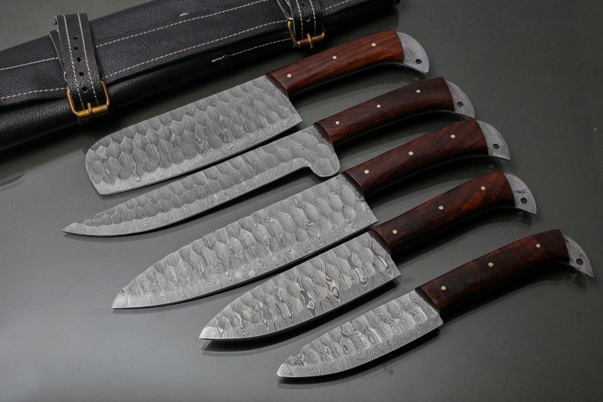 Custom Handmade Knife Set with Damascus Steel Blade & Rosewood Handle