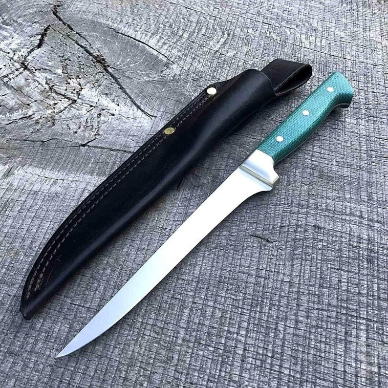 Custom Handmade Stainless Steel Fishing Fillet Knife - 13" with Green Micarta Handle and Steel Bolsters