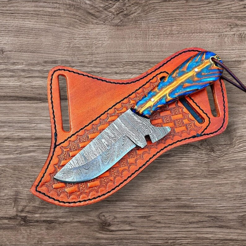 Custom Handmade Working Cowboy Knife – Damascus Steel Pine Cone Handle & Leather Sheath