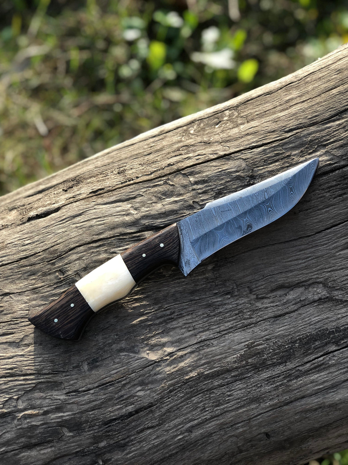 Damascus steel hunting knife with bone and Wenge wood handle, full tang blade, by Knives Gear Garage Wilderness Elite.