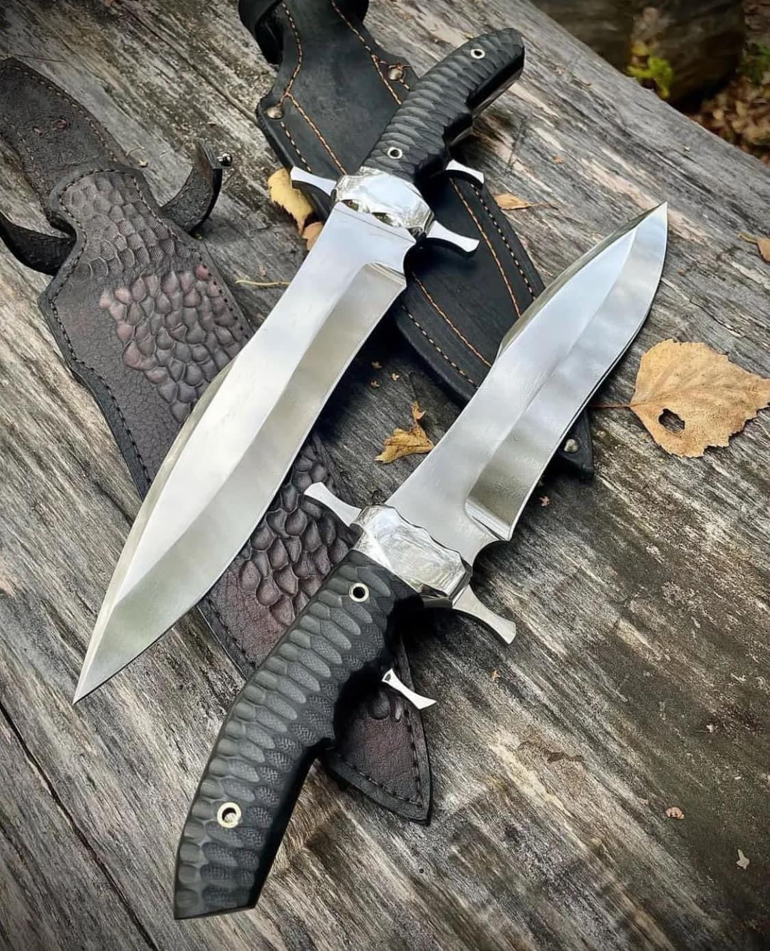 Custom handmade D2 steel Bowie knife with steel guard and buffalo horn handle, includes leather sheath, from Knives Gear Garage.