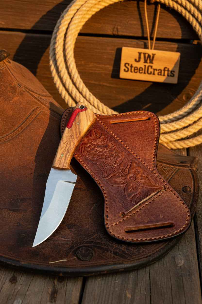 Handcrafted JW SteelCrafts Rancher's Dualwood cowboy knife with 7-inch blade, featuring a Pakka and olive wood handle.