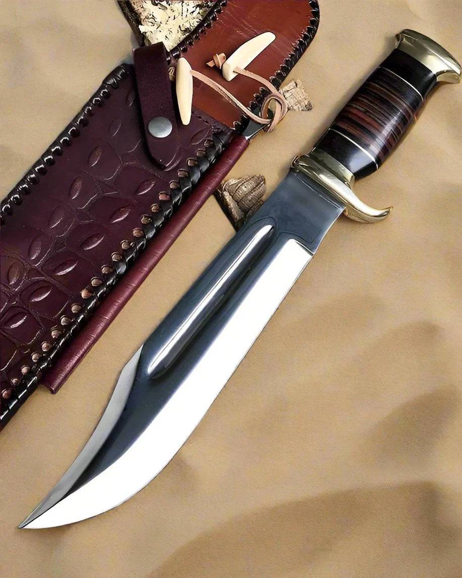 Custom handmade D2 steel Dundee Bowie knife with buffalo horn handle, leather grip, and sheath, by Knives Gear Garage.
