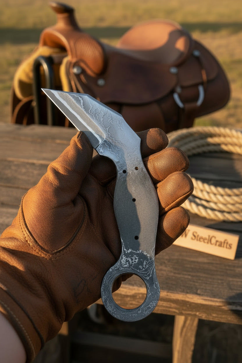 Rustler's Ring Karambit 8" Handmade Damascus Integral Handle outdoor fixed blade knife - JW SteelCrafts