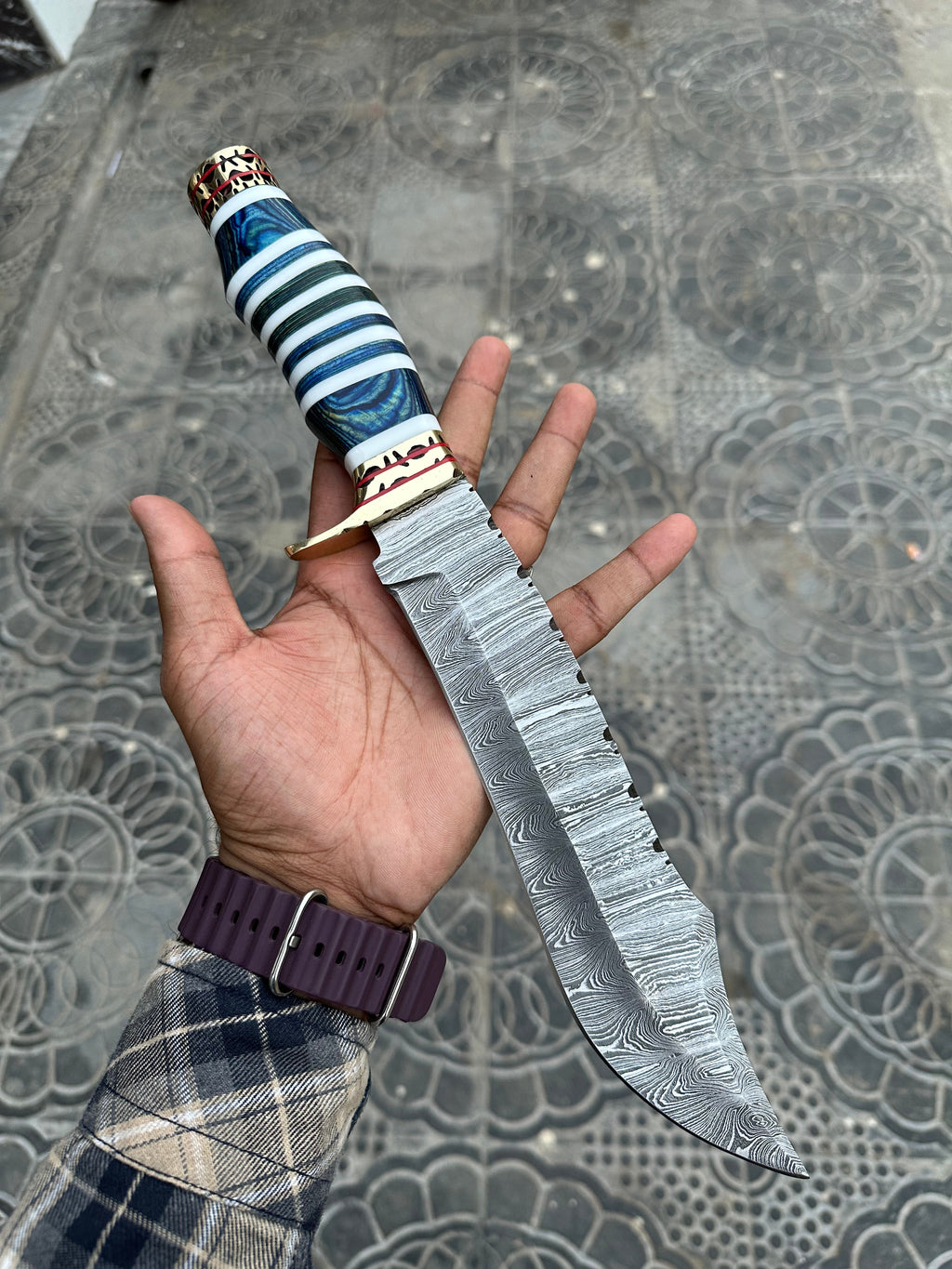 14-inch Damascus steel Bowie knife with exotic Pakka wood handle, brass guard, and spacers from Knives Gear Garage.