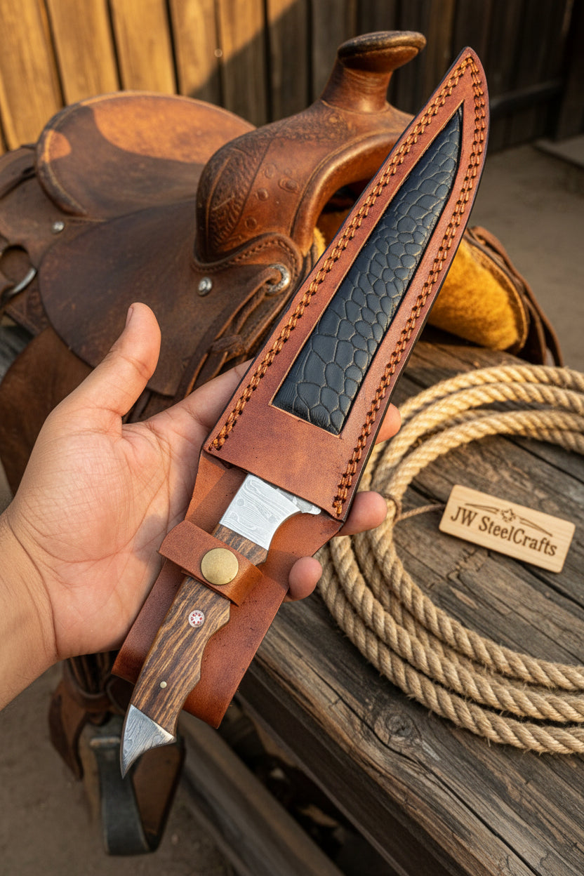 Handmade 13 Inch Overall Damascus Steel Fillet Knife –  Full Tang Fishing Knife with Hardwood Handle and Leather Sheath.