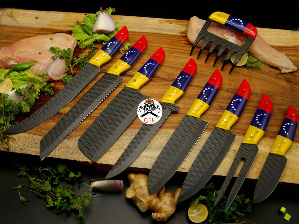 Custom black stainless steel chef knife by cskforged, featuring a sharp blade and ergonomic handle for professional kitchen use.
