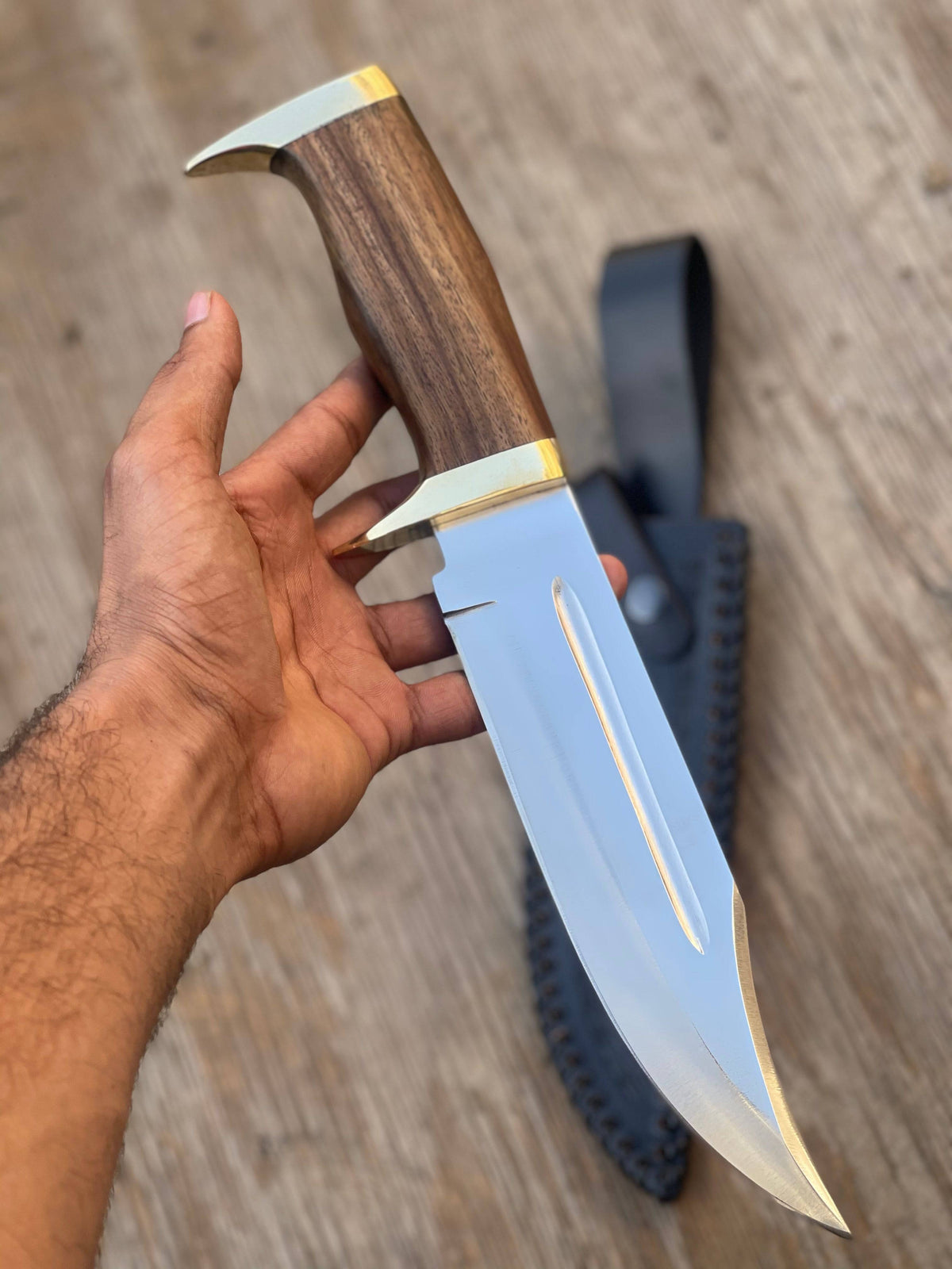 Custom handmade J2 steel Bowie knife with brass guard and rosewood handle, 13-inch length from Knives Gear Garage.
