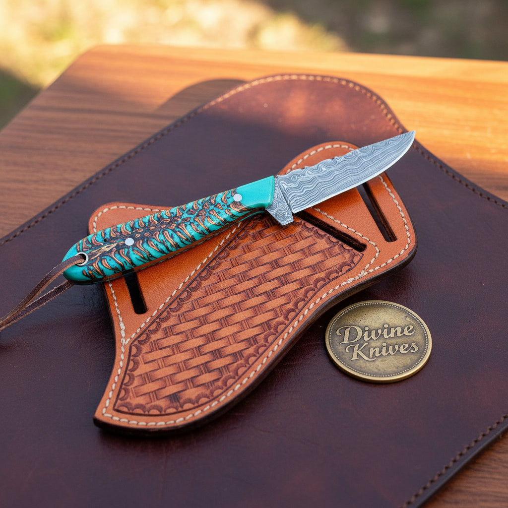 Turquoise Pinecone Damascus Cowboy Belt Knife for Outdoor Users