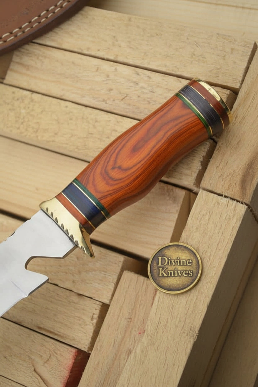 Colorful Spacer Ring Damascus Knife with Natural Tan Wood Handle