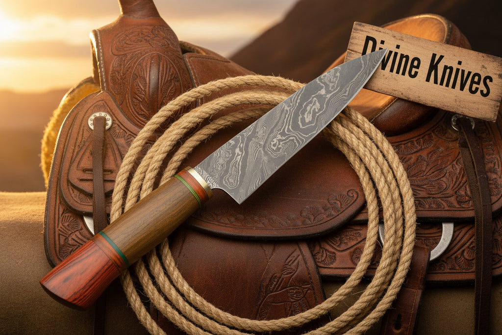 Red and Green Ring Accented Damascus Knife with Wood Tag