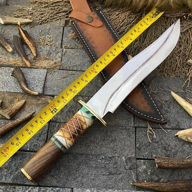 Custom handmade J2 steel Bowie knife with rosewood, bone handle, and brass guard, 16-inch overall length.