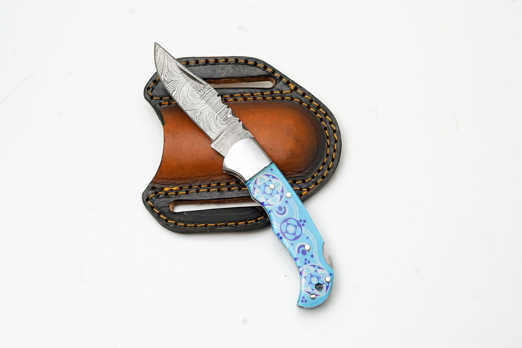 Hand-Forged Damascus Folding Knife | Custom "Blue Mosaic" Art Handle | Horizontal Pancake Sheath TF-083