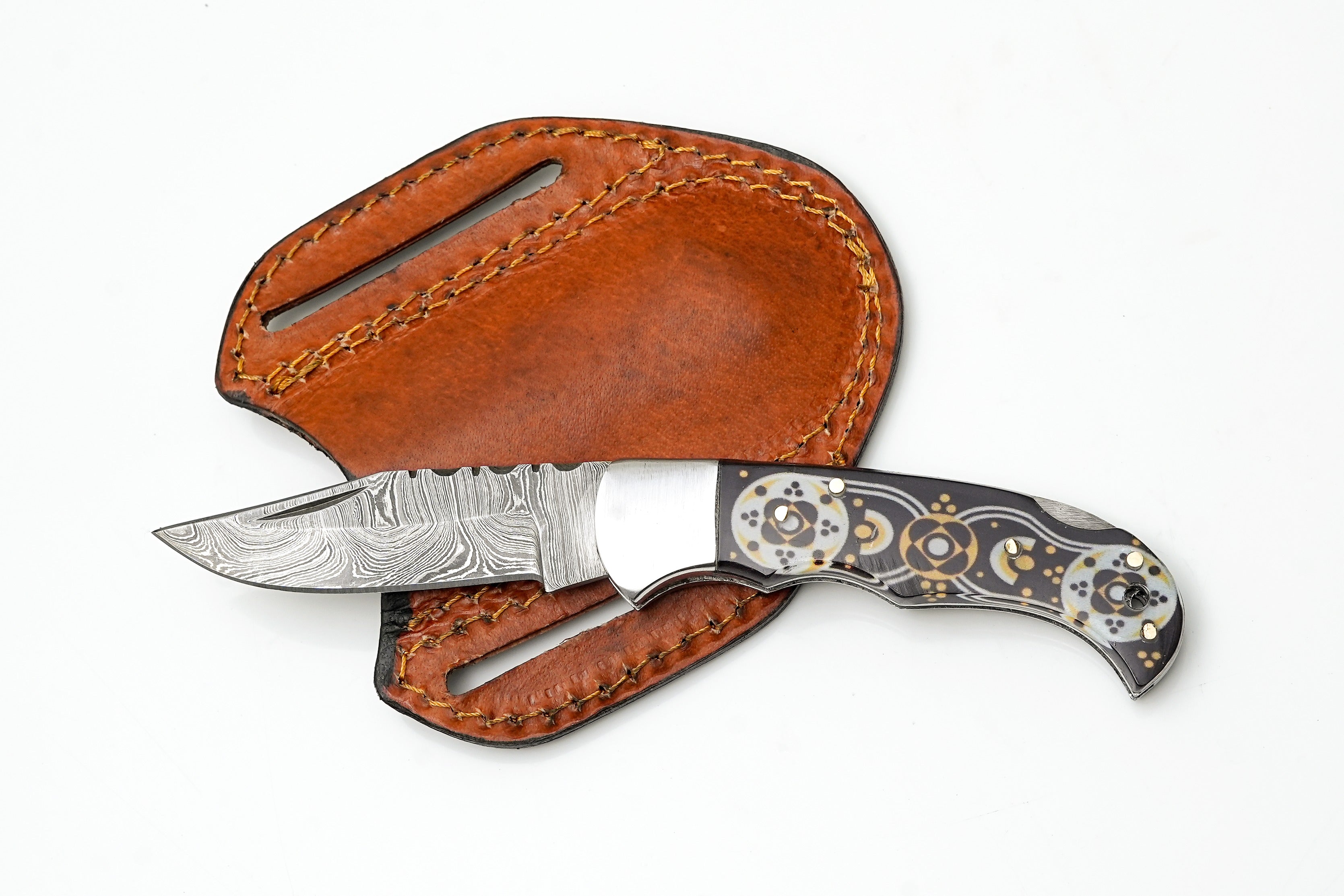 Hand-Forged Damascus Drop Point Folding Knife | Black & Gold Mosaic Handle | Horizontal Carry TF-085