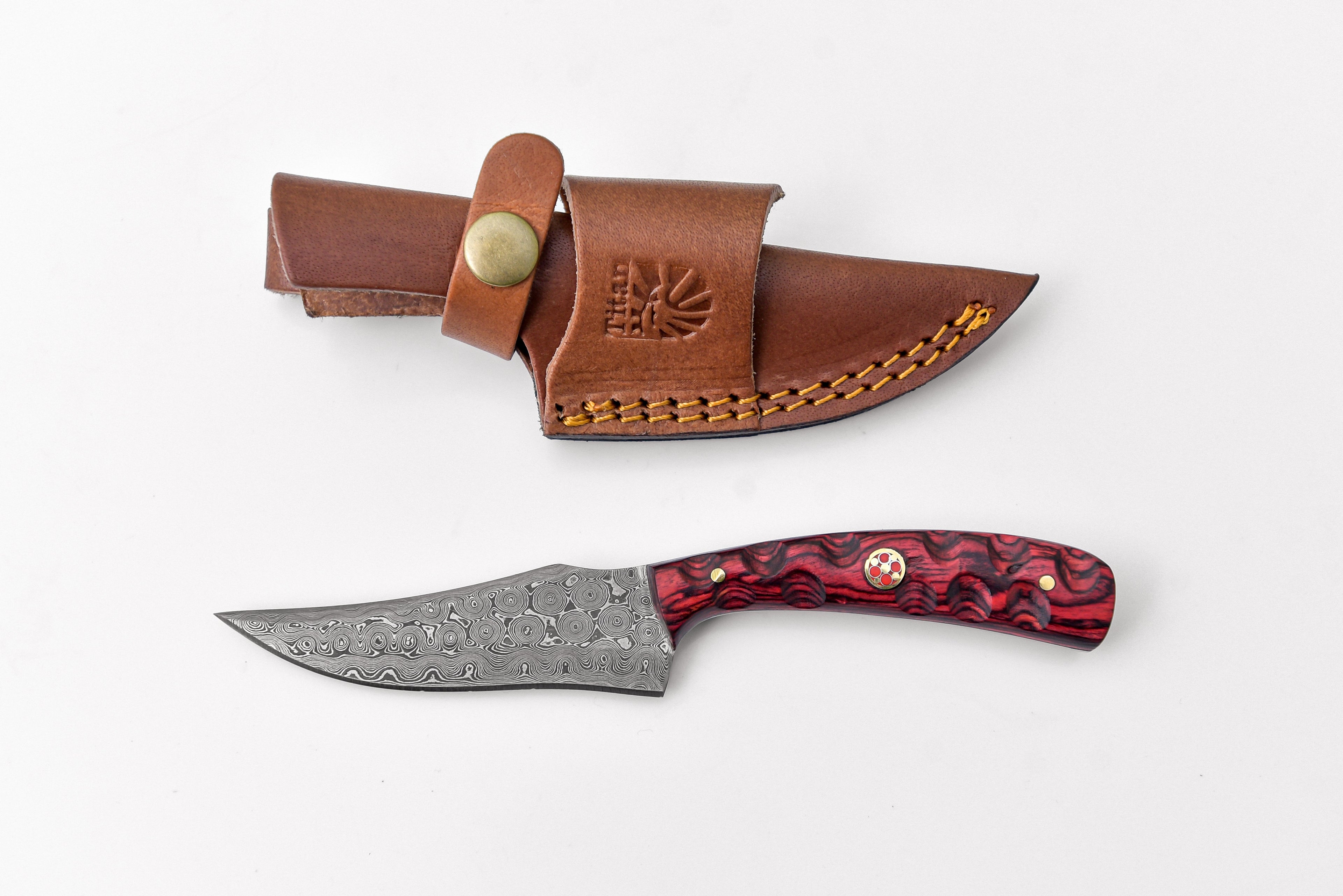 Red Diamond Wood Damascus Hunting Knife with Dyed Bone Handle