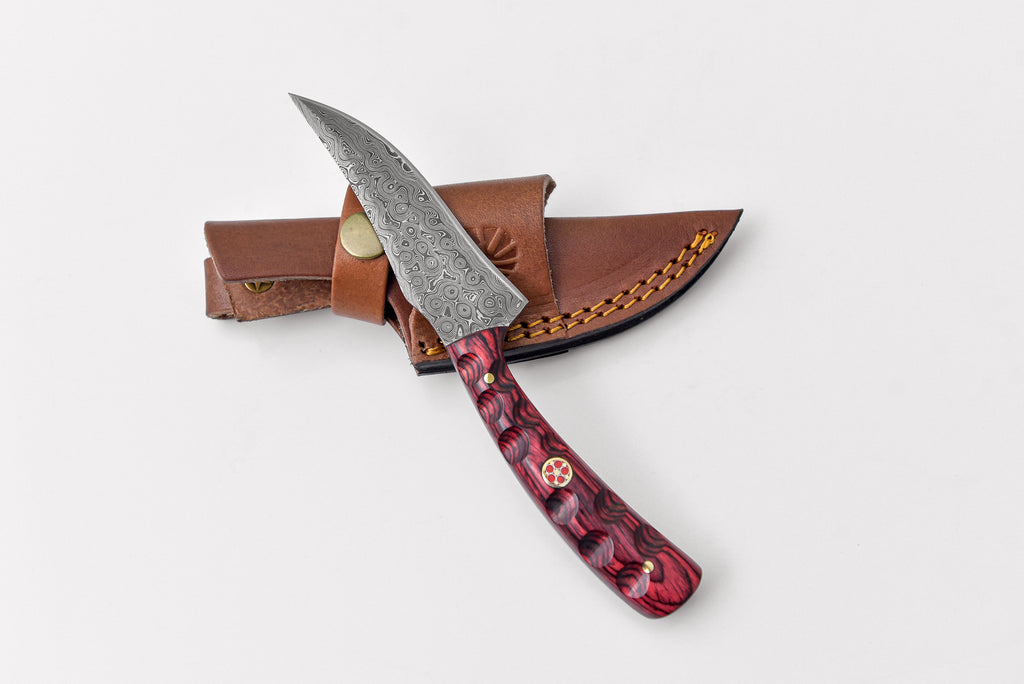 Red Diamond Wood Damascus Hunting Knife with Dyed Bone Handle