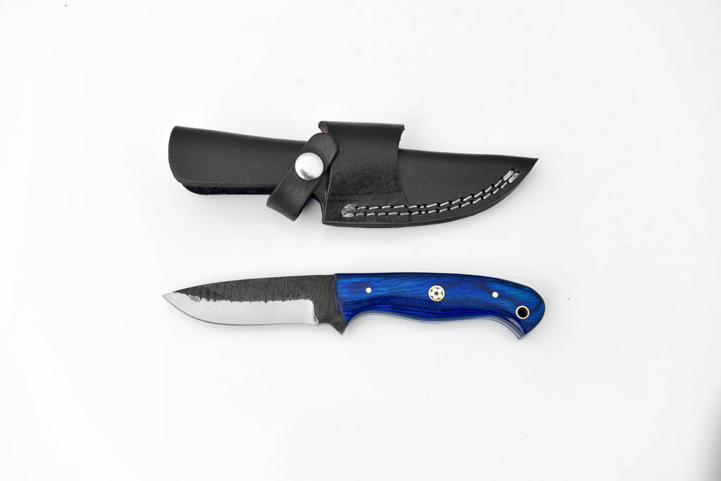 Titan Azura custom hunting and utility knife with blue diamond wood handle, carbon steel blade for skinning and camping tasks.