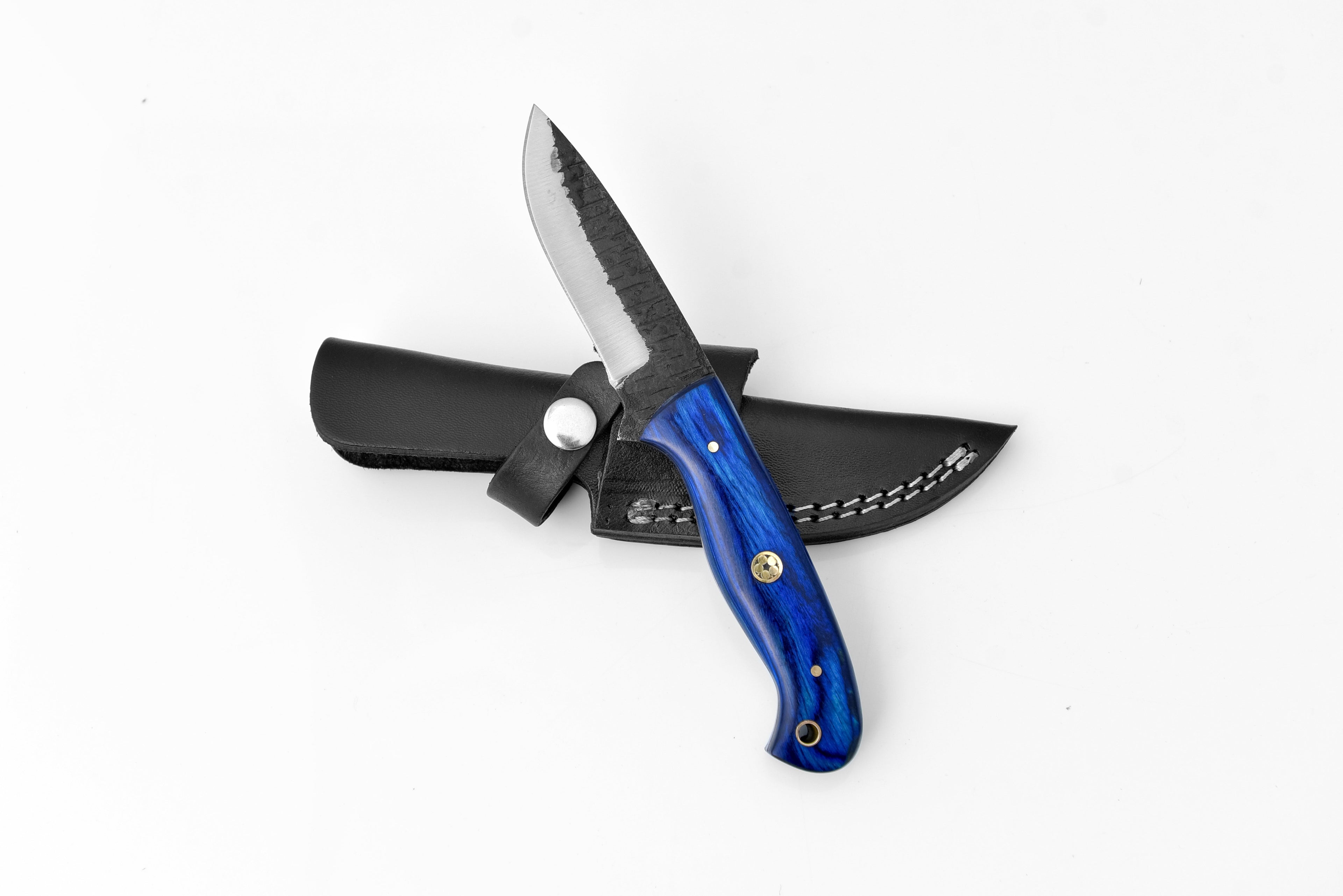 Titan Azura custom hunting and utility knife with carbon steel blade and blue diamond wood handle, ideal for camping and skinning.