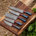 Premium Damascus Steel kitchen knife set by Knives Gear Garage with leather case, featuring razor-sharp stainless steel blades.