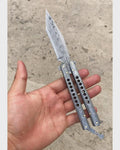Damascus Balisong Butterfly Knife with Damascus Steel Handle & Leather Sheath | Custom Handmade