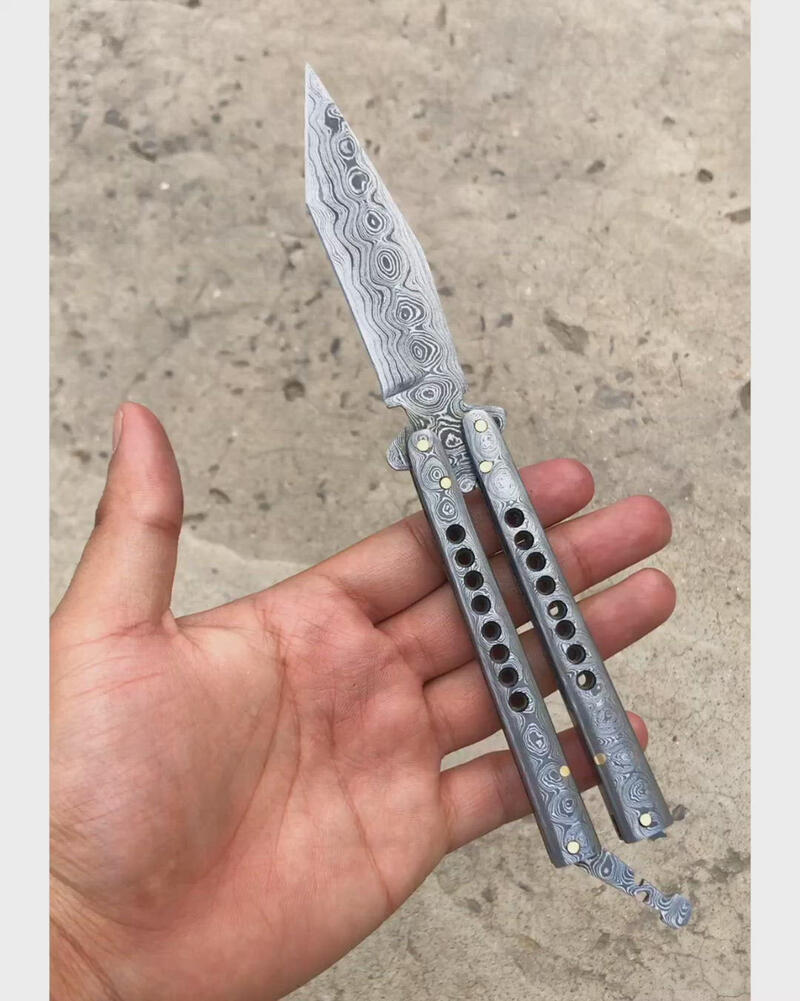 Damascus Balisong Butterfly Knife with Damascus Steel Handle & Leather Sheath | Custom Handmade