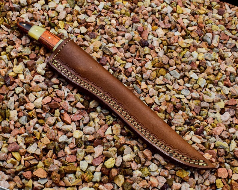 Custom Handmade Damascus Fillet Knife with Bone and Rosewood Handle - 10.5" Overall Length with Leather Sheath