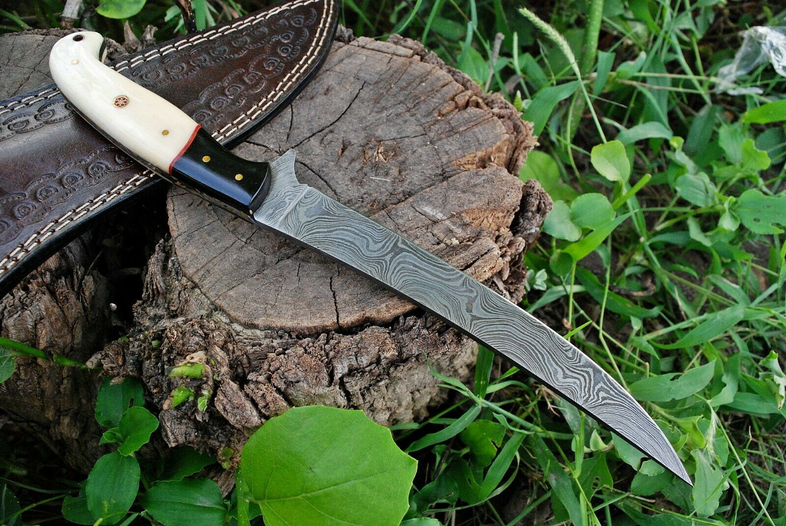 Custom Handmade Damascus Fishing Fillet Knife - 13" Blade with Bone and Micarta Handle & Leather Sheath | Best Flexible Fillet Knives