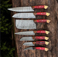 Premium Damascus kitchen knife set with pakkawood handles and leather case by Knives Gear Garage, ideal for chef and culinary use.
