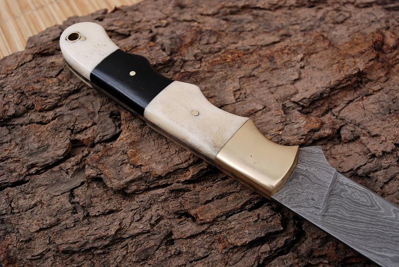 Custom Handmade 13-Inch Damascus Fillet Knife with Buffalo Horn and Bone Handle, Brass Accents
