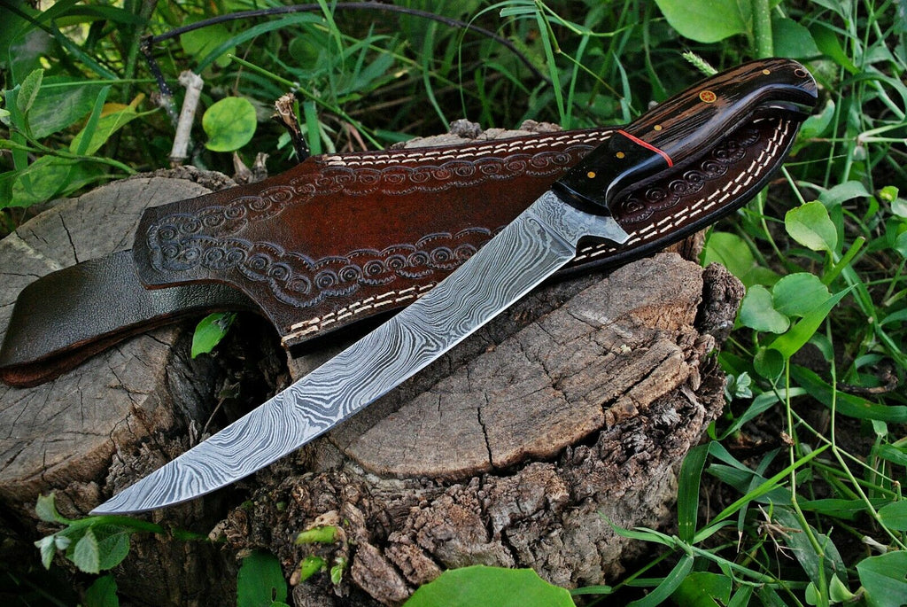 Custom Handmade Damascus Fishing Fillet Knife - 13" Blade with Wenge Wood and Micarta Handle & Leather Sheath | Best Flexible Fillet Knives