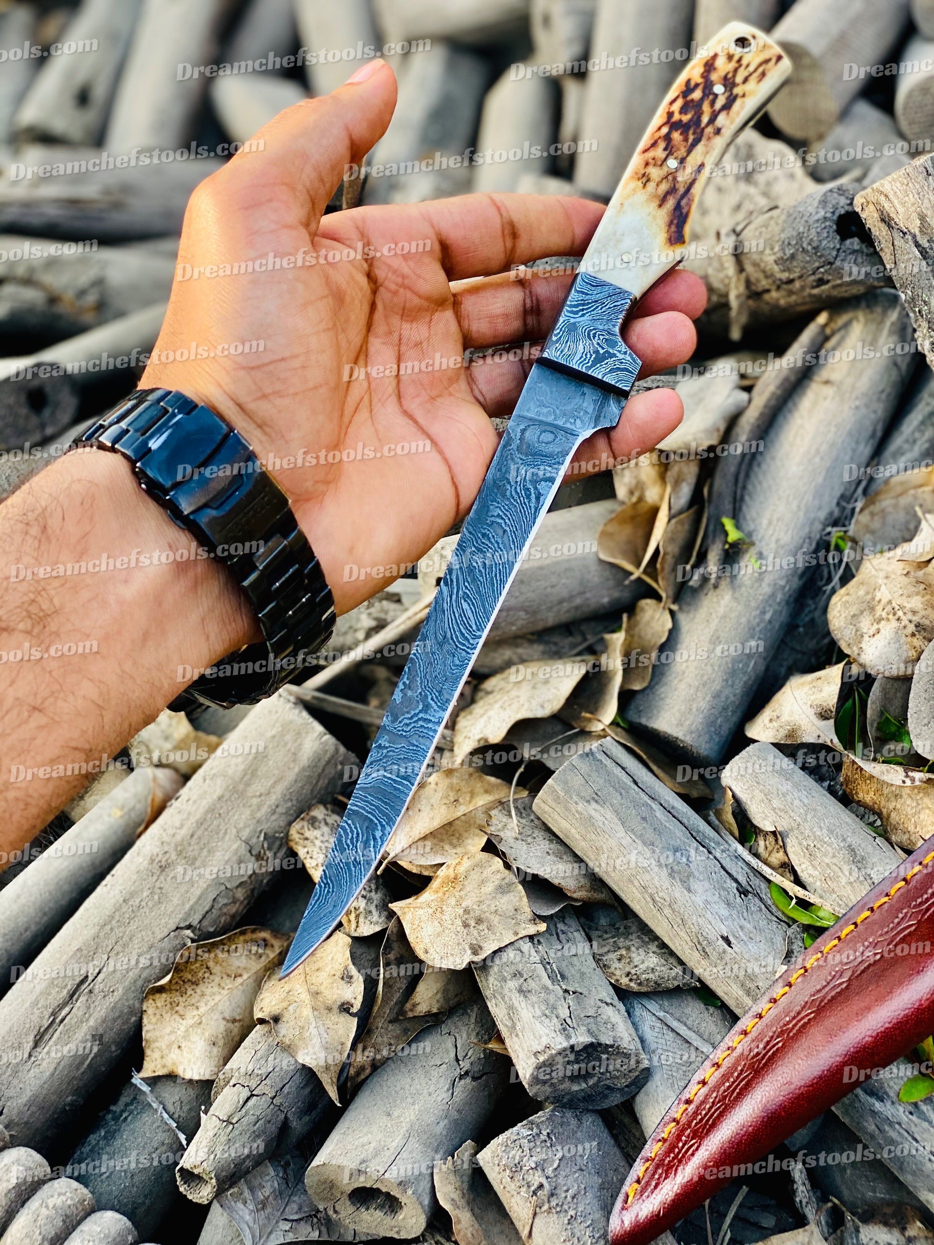 Custom Handmade Damascus Steel Fishing Fillet Knife - 13" Blade with Antler Horn Handle & Damascus Guard, Leather Sheath | Best Flexible Fillet Knives