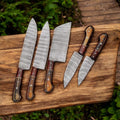 Premium Damascus steel kitchen knife set with leather case, featuring razor-sharp, durable stainless steel blades from Knives Gear Garage.