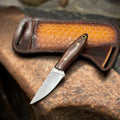 Handmade Damascus Steel Belt Knife with Rosewood Handle & Western Leather Sheath – 6.25” Compact EDC
