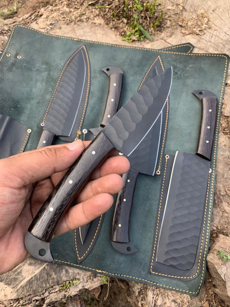 Custom Handmade Damascus Knife Set with Wangi Wood Handles
