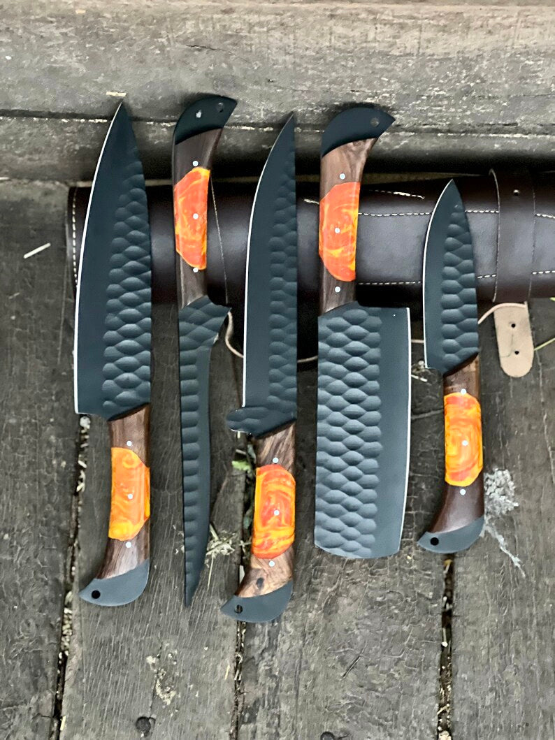 Damascus Steel D2 Handmade Knife Chef Set – Rosewood Resin Handle with Leather Sheath & Sharpener