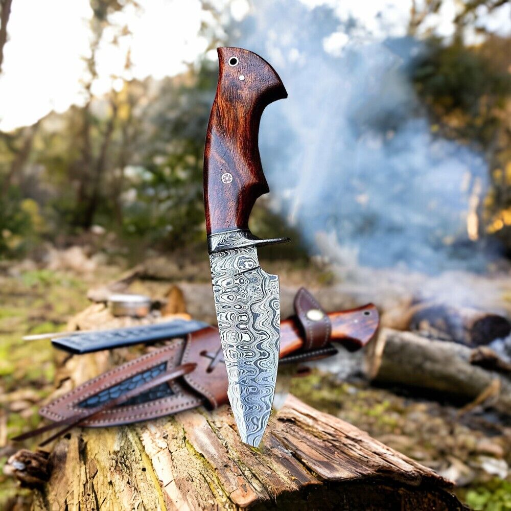 Custom Handmade Damascus Steel Bobcat Knife – 10-Inch Blade with Damascus Steel Guard & Rosewood Handle, Includes Leather Sheath