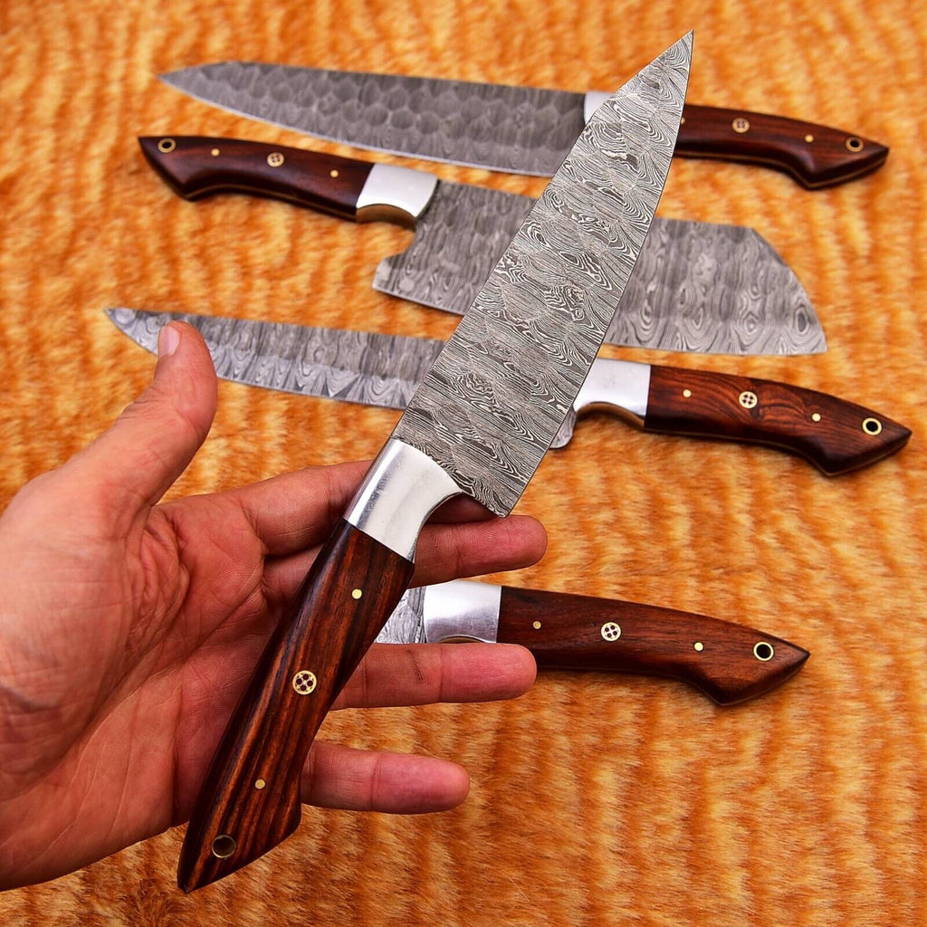 Custom Handmade Damascus Kitchen Knife Set with Rosewood Handles – 9” to 13” Blades