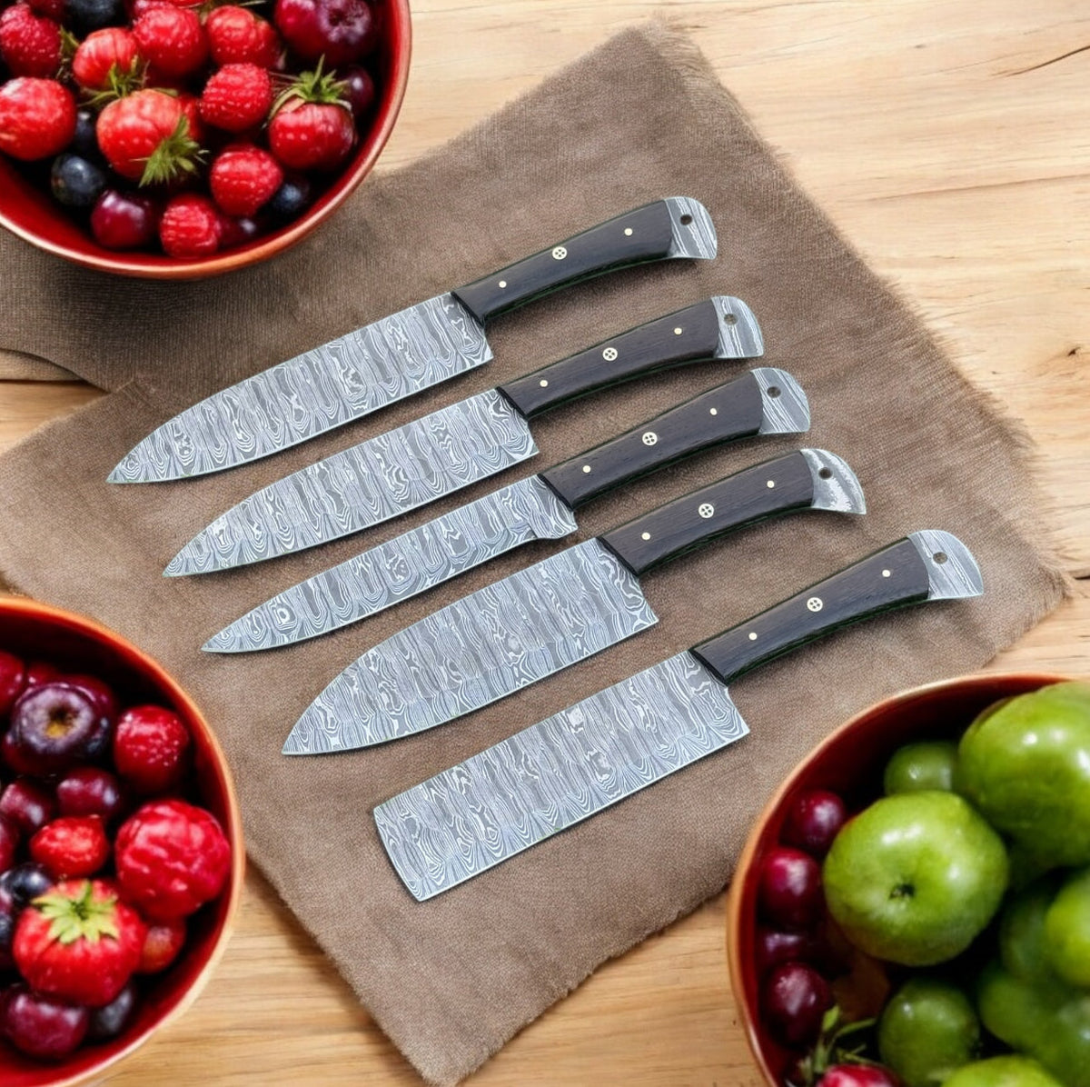 Premium Damascus steel kitchen knife set with Wangi wood handles and leather case, ideal for gourmet cooking and precision slicing.