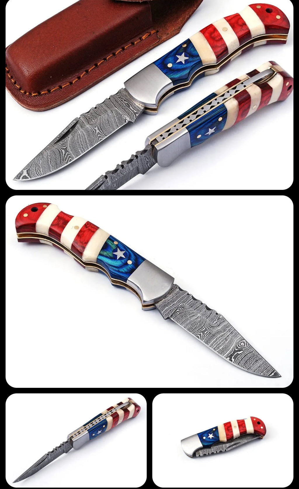 Custom Handmade Damascus Folding Knife - 3" Blade with American Flag Handle and Steel Bolster, Leather Sheath Included