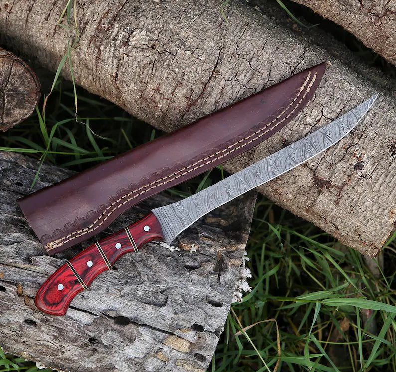 Custom Handmade Damascus Steel Fishing Fillet Knife - 13" Blade with Pakka Wood Handle & Leather Sheath | Best Flexible Fillet Knife for Fishing